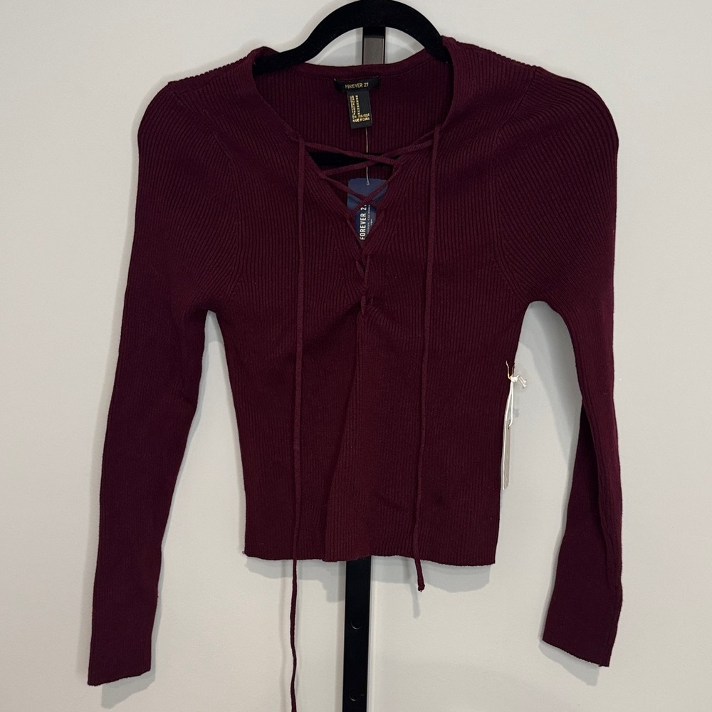 Forever 21 Maroon Lace-Up Long Sleeve Sweater Top Medium M New NWT